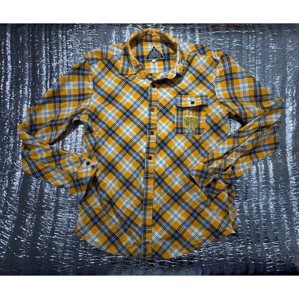 Grassroots California GRC Mens Yellow Blue Plaid Flannel Button Down Shirt Large